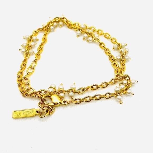 NAPIER Vintage Bracelet Gold Tone Faux Pearls 15” - Picture 6 of 8
